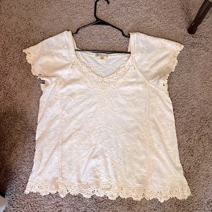 Democracy short sleeve, lace fringe top. Like new-worn once. Beige-size M.